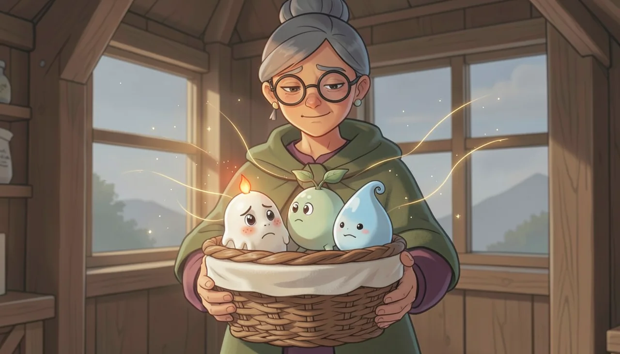 Elder Hesper holding Cindle, Sproutle and Puddlit in a basket